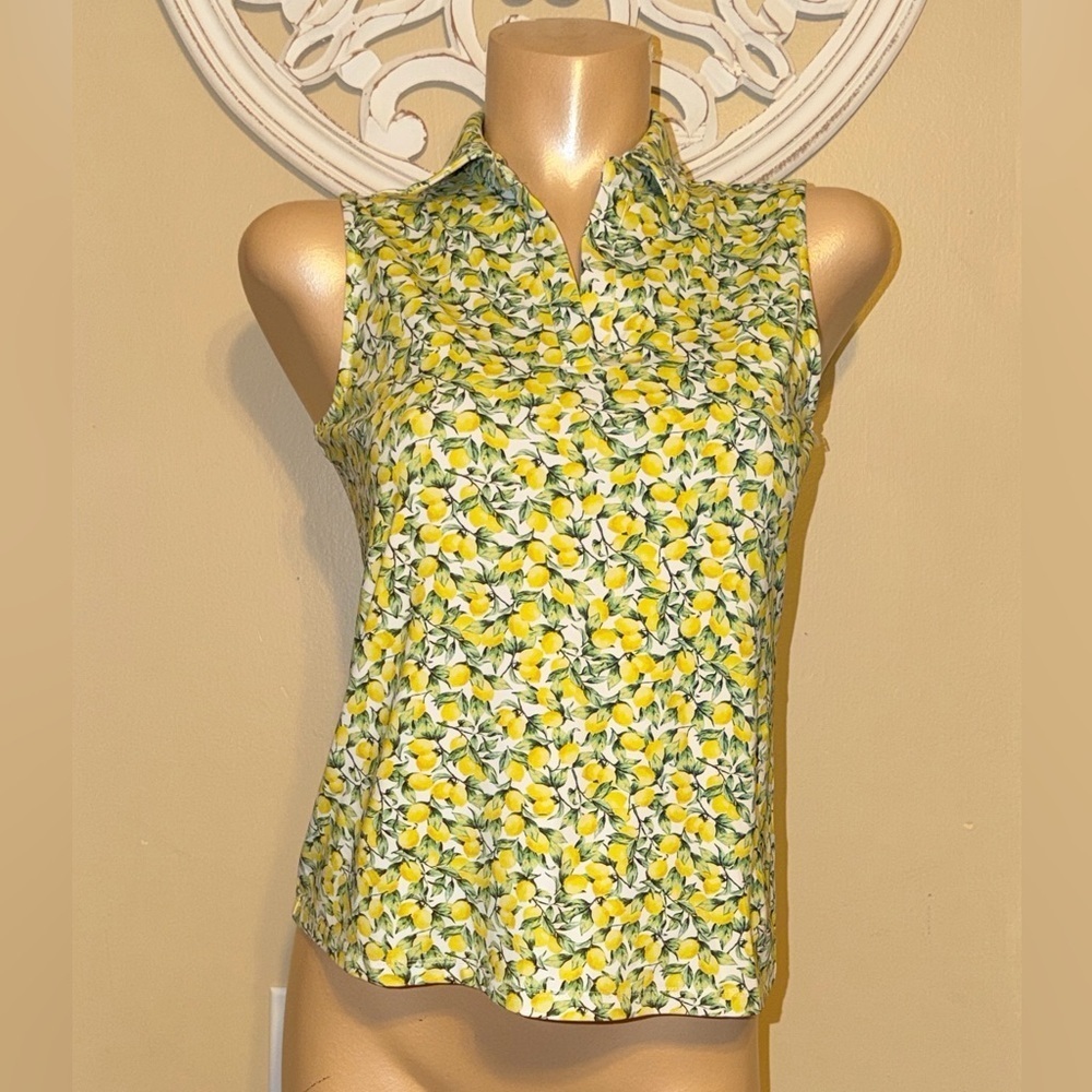 J McLaughlin womens small 4 6 top blouse collar stretch white Yellow Green lemon